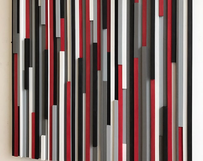 Wood Wall Art - Reclaimed Wood Art - Wood Art - 3D Art - Squared Art - Large Art - Red Black Grays - 36x36