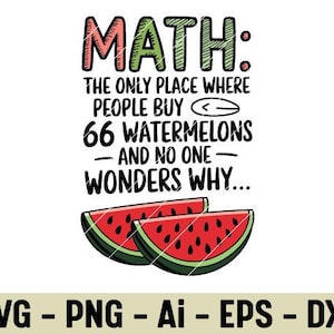 Op de afbeelding: Een grafisch ontwerp met het woord "MATH" in groen en roze, en de tekst "THE ONLY PLACE WHERE PEOPLE BUY 66 WATERMELONS - AND NO ONE WONDERS WHY..." Twee watermeloen schijfjes staan onderaan. Bestandstypen: SVG, PNG, Ai, EPS, DXF.