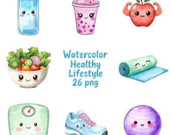 26 Kawaii Gesunder Lebensstil Clipart PNG | Aquarell Fitness, Wellness, Self Care & Mindfulness Digitaler Download hohe Qualität