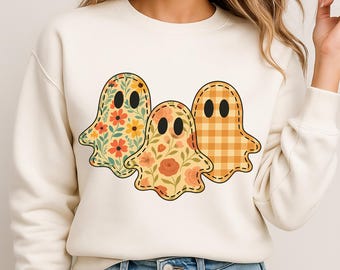 Cute Floral Ghosts PNG | Retro Halloween Digital Download | Fall Aesthetic Shirt Design