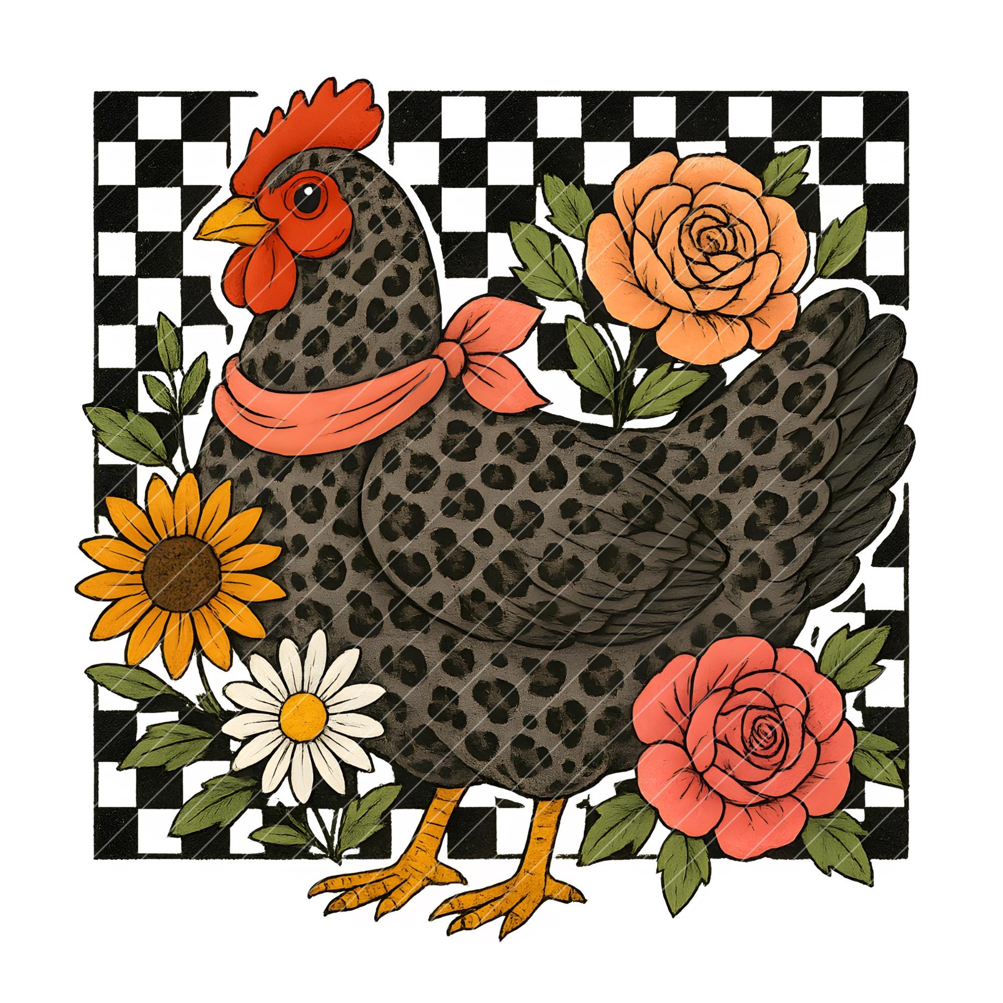 Leopard Pattern Chicken Farmhouse Animalier Chicken PNG – Leopard Print Hen With Flowers and ...