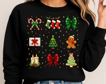 Ensemble de cliparts Noël Doodle PNG | Icônes mignonnes de vacances | canne en bonbon, arbre, pain d'épice, noeuds et bas | Noël festif pour les t-shirts