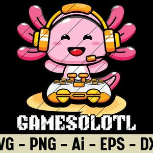 May include: A cartoon axolotl wearing a headset and holding a video game controller. The axolotl is pink with orange accents and is sitting on a yellow circle. The text "GAMESOLOTL" is below the axolotl.