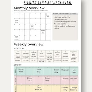 May include: A white Family Command Center planner with sections for monthly and weekly overviews, meal plans, chores, and notes. The planner includes a calendar, meal plan, and chore chart for family organization.