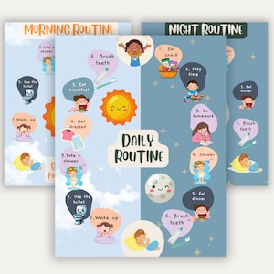 May include: Three illustrated posters with a daily routine theme. The posters feature a blue background with illustrations of children performing various activities, such as waking up, eating, and brushing teeth. The text "Morning Routine" and "Night Routine" are displayed.