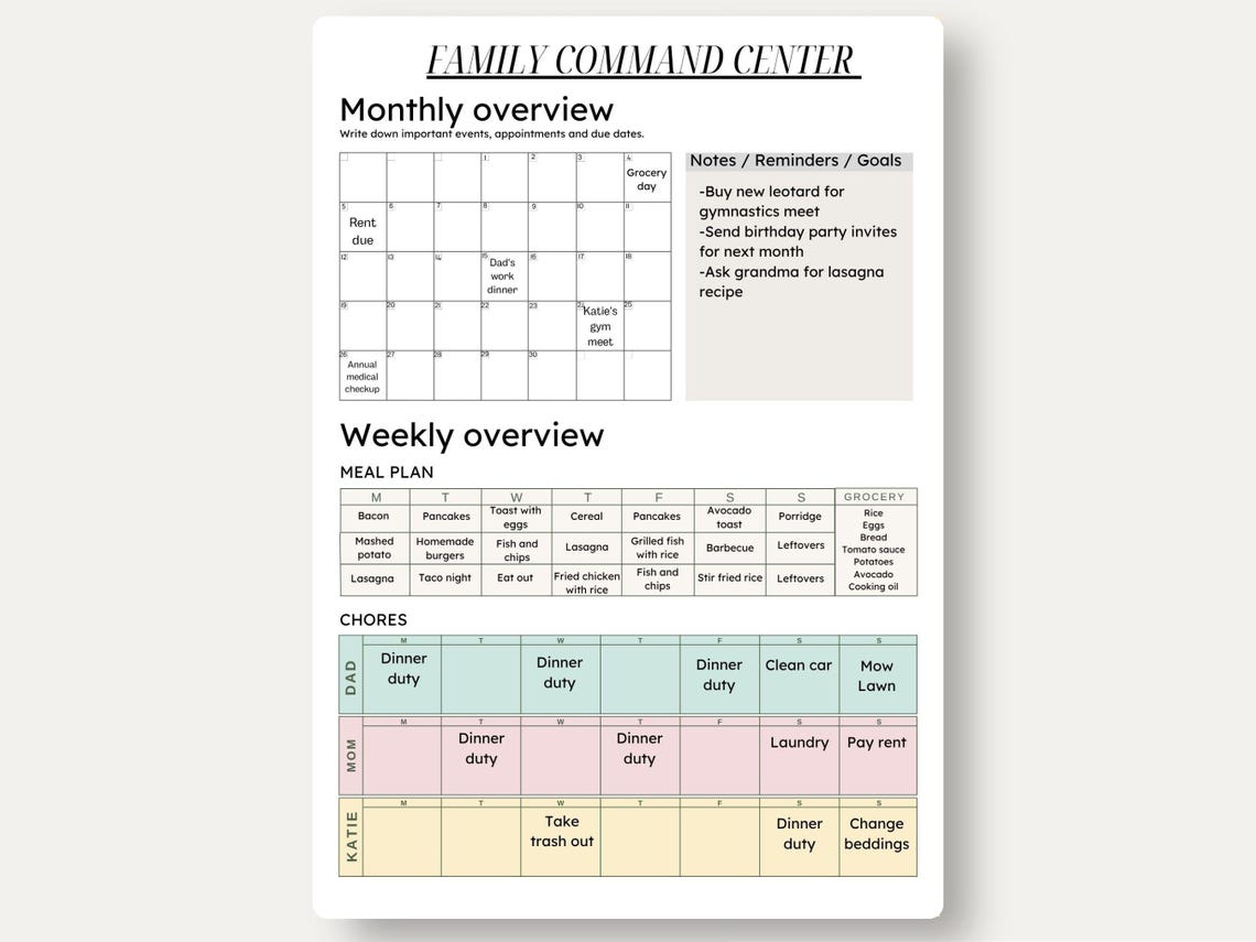 Editable Family Command Center, Printable Home Management, Weekly ...