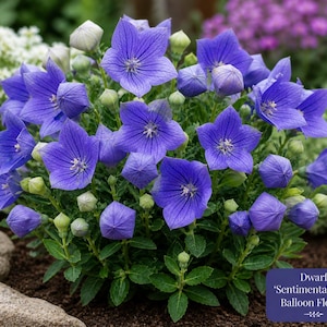 May include: A cluster of vibrant blue balloon flowers in full bloom, with star-shaped petals and green foliage. The image includes the text "Dwarf 'Sentimental Blue' Balloon Flower". The flowers are a striking contrast against the green leaves and the background.