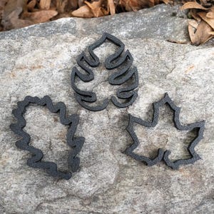 Könnte beinhalten: Drei dunkelgraue Blattausschnitte. Einer ist ein Monstera-Blatt, die anderen beiden sind Ahornblattformen. Die Ausschnitte sind auf einer grauen Steinoberfläche platziert, mit getrockneten Blättern im Hintergrund. Dies sind wahrscheinlich Dekorationsartikel.