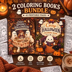 Cozy Halloween Coloring Book Bundle, 45 Printable Coloring Pages, Cute Spooky Ghost Coloring Book, Autumn Activity, Digital Download