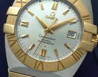 Omega Constellation Double Eagle Vintage Watch Co-Axial Chronometer Two Tone Gold & Steel Roman Numeral Bezel Date Swiss Luxury Dress Watch