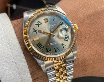 Reloj Rolex Datejust 16233 vintage bicolor de 36 mm con esfera Wimbledon color pizarra, números romanos y caja de oro amarillo de 18 quilates. Reloj suizo de lujo para hombre.