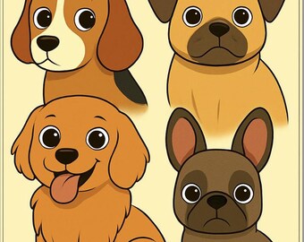 Peut inclure: Couverture de livre de coloriage avec le texte "COLOURING BOOK DOG BREEDS". La couverture présente quatre illustrations de chiens de dessin animé : un beagle, un carlin, un golden retriever et un bouledogue français, le tout dans un style ludique.