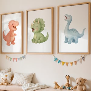 May include: A child's bedroom with a large giraffe toy, three framed dinosaur prints, and a wooden bench with storage drawers. The dinosaur prints show a red T-Rex, a green Triceratops, and a blue Brontosaurus.