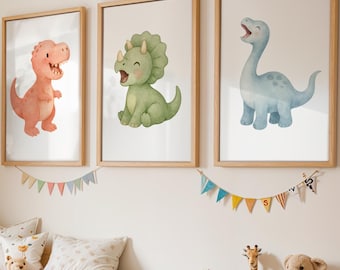 Dinosaurus kinderkamerafdrukken | Set van 3 | Dinosaurusdecoratie | Dino-muurkunst | Kinderkamer dinosaurusthema | Neutrale kinderkamerdecoratie | Inrichting peuterkamer