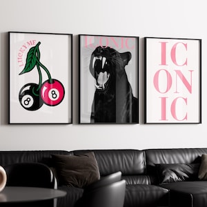 Pink Jaguar Wall Art Set Black & White Gallery 3 Trendy luxery Fashion Stylish Prints Decor Office Aesthetic Girly Wall Art Fashion Magazine