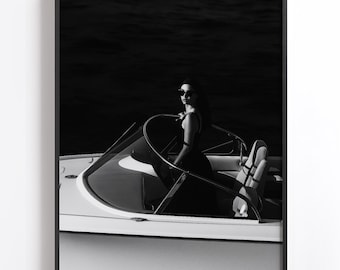 Luxury Yacht Girl Black & White Wall Art Print | Minimal Coastal Glam Photography, Nautical Aesthetic, Modern Monochrome Decor Trendy Art
