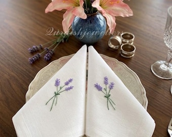 Servilletas de lino color lavanda bordadas a mano, juego de 2 servilletas de cena de algodón blanco de lujo.