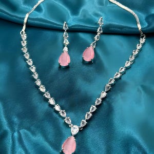 Sparkling White & Pink American Diamond Necklace, AAA Quality Pendant CZ Necklace American Diamond Necklace Indian Jewelry Indian Necklace