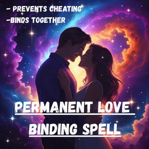 Puede incluir: Arte digital de una pareja abrazándose, sobre un fondo cósmico de remolinos púrpuras, naranjas y azules. El texto dice "- EVITA LA INFIDELIDAD - UNE" y "HECHIZO DE AMOR PERMANENTE".
