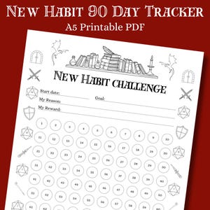 May include: A white printable PDF habit tracker with the text "New Habit 90 Day Tracker" and "New Habit Challenge". The tracker includes spaces for start date, reason, goal, and reward, with numbered circles for tracking progress.