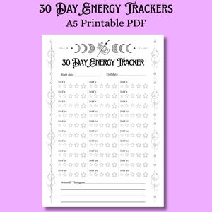 Könnte beinhalten: Ein druckbarer A5 PDF-Energietracker mit lila Hintergrund. Das Design zeigt den Text "30 DAY ENERGY TRACKERS" und "30 DAY ENERGY TRACKER". Der Tracker enthält Felder für Start- und Enddaten sowie eine 30-Tage-Tabelle mit Sternbewertungen.