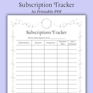 Subscription Tracker with Celestial Aesthetic | Printable a5 insert page for planners and bullet journals | PDF Digital download