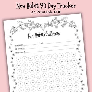 May include: A white printable PDF habit tracker with the text "New Habit 90 Day Tracker" and "New Habit challenge". The tracker includes spaces for goals, reasons, and rewards, with numbered circles for daily tracking.
