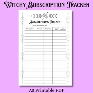 Könnte beinhalten: Ein weißes, druckbares A5-PDF-Abonnement-Tracker mit schwarzem Text und himmlischen Verzierungen. Oben steht "Witchy Subscription Tracker" und "Subscriptions Tracker". Der untere Teil der Seite lautet "A5 Printable PDF".