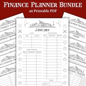 Può includere: Un set di pianificatore finanziario con pagine PDF stampabili in formato A5 con disegni al tratto in bianco e nero. I fogli includono intestazioni come January, Weekly Savings e Debts, decorate con illustrazioni di libri, draghi e dadi.