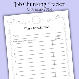 Op de afbeelding: Een witte, printbare A5-PDF-pagina met de titel Job Chunking Tracker. Het document bevat een sectie Task Breakdown met lijnen voor taken, stappen en benodigde tijd. De rand is versierd met zwarte lijntekeningen van sterren.