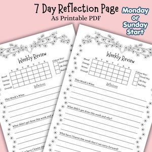 Printable Weekly Review Sheet | 7 day self reflection insert page for planners & bullet journals with a cute cherry blossom aesthetic | PDF
