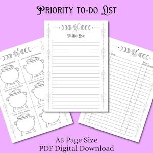 May include: A5-sized PDF digital download of a priority to-do list. The design features a central to-do list with lines, and additional pages with cauldron illustrations and task management sections. The text "PRIORITY TO-DO LIST" is at the top.