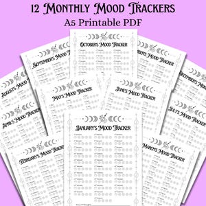 May include: A collection of 12 printable A5 mood trackers. Each tracker is designed with a celestial theme and includes spaces to record daily moods. The months are labeled in a decorative font.