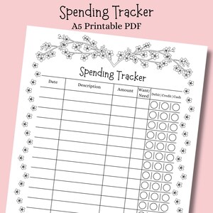 Könnte beinhalten: Ein weißes, druckbares A5-PDF-Ausgabentracker mit floralen Akzenten. Die Oberseite der Seite hat ein florales Zweigdesign. Der Tracker enthält Abschnitte für Datum, Beschreibung, Betrag und Ausgabenart, wie z. B. Debit, Kredit oder Bargeld.