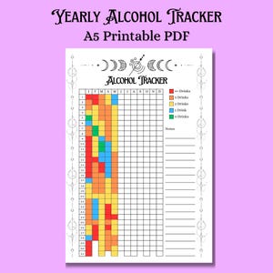 Puede incluir: Un rastreador de alcohol en PDF imprimible A5 con el texto "Yearly Alcohol Tracker". El rastreador presenta una cuadrícula para registrar el consumo de alcohol, con secciones codificadas por colores para diferentes niveles de consumo. El diseño incluye elementos celestiales decorativos.