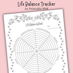 Könnte beinhalten: Ein schwarz-weiß druckbarer Life Balance Tracker. Das Design umfasst ein Rad, das in Abschnitte für verschiedene Lebensbereiche wie körperliche Gesundheit und Finanzen unterteilt ist. Der Text "Life Balance Tracker" und "A5 Printable PDF" stehen oben.