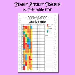 Puede incluir: Un PDF imprimible A5 de seguimiento anual de la ansiedad. El diseño presenta una cuadrícula para rastrear los niveles de ansiedad, codificada por colores con rojo, naranja, amarillo, azul y verde. El título "Yearly Anxiety Tracker" está en la parte superior.