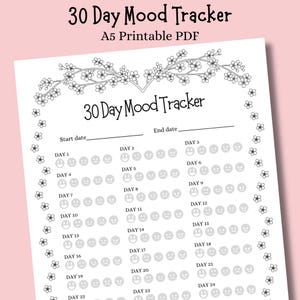 May include: A black and white printable 30 Day Mood Tracker with a floral border. The tracker includes spaces for the start and end dates, and a series of days with corresponding smiley face icons to track daily moods. The text "30 Day Mood Tracker" is at the top.