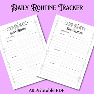 Op de afbeelding: Twee witte A5 printbare PDF-pagina's met een ontwerp voor een dagelijkse routinetracker. De tekst bovenaan luidt "Daily Routine Tracker". Elke pagina heeft secties voor ochtend, middag en avond, met cirkels om taken te volgen.