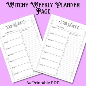 Peut inclure: Deux pages blanches de planificateur hebdomadaire Witchy sur fond violet. Les pages présentent une mise en page hebdomadaire avec des sections pour chaque jour, une liste de tâches et des éléments décoratifs célestes. Le texte comprend "Witchy Weekly Planner Page" et "A5 Printable PDF."