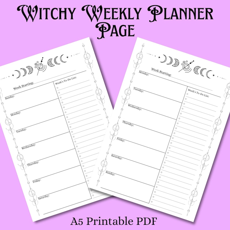Printable Witchy Weekly Planner Page | A5 Week at a Glance Diary Insert ...