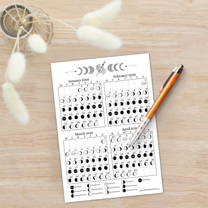 2026 Lunar Calendar | A5 Planner Insert of Annual Moon Phases ...