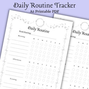Op de afbeelding: Een wit A5 printbaar PDF-blad voor dagelijkse routine met zwarte tekst en stervormige randen. Het document bevat secties voor ochtend, middag en avond, met kolommen voor de dagen van de week en ronde selectievakjes voor het bijhouden van taken.
