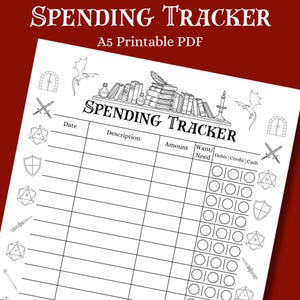 May include: A black and white printable spending tracker with the text "SPENDING TRACKER" at the top. The A5 PDF includes sections for date, description, amount, and want/need. Decorative elements include fantasy-themed illustrations.