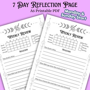 May include: Two A5 printable PDF 7 Day Reflection Pages with black text on white paper. The layout includes a Weekly Review grid for mood, energy, stress, and overall tracking, a colour key, and lined sections for reflections and weekly wins.