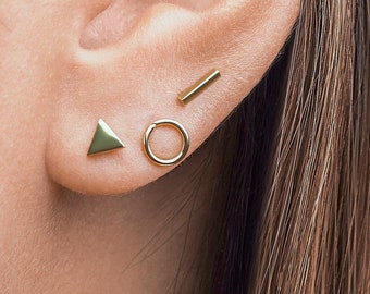 Geometric Trio of Stud Earrings - Gold Cartilage Piercings - Gift for Women - Second Hole Earrings - Love Earrings - COM507