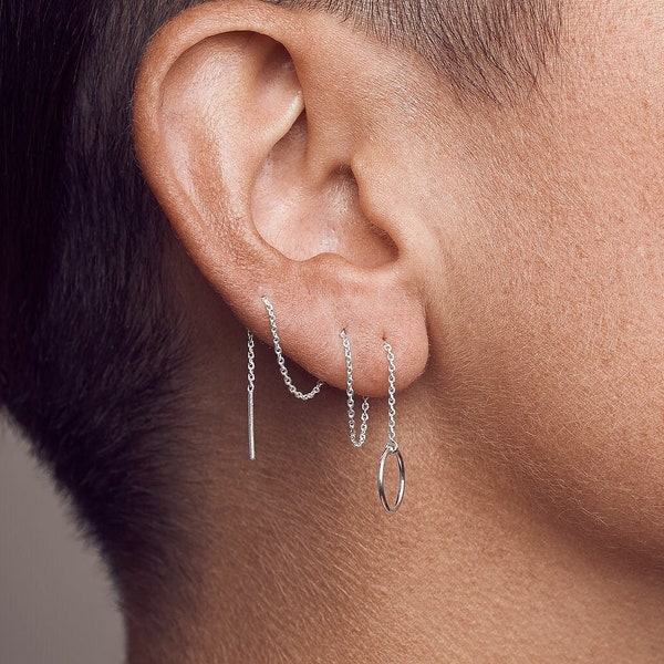 Double Piercing Circle Threader Earrings - Edgy Gold Chain Streetwear - Unique and Stylish Ear Jewelry -CHE026