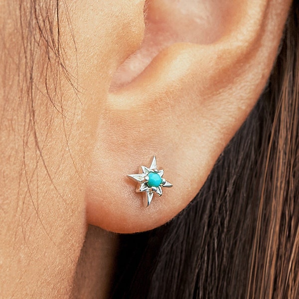 Boho Starburst Stud Earrings - Genuine Turquoise - Dainty Second Hole Earrings- STD049TRQ