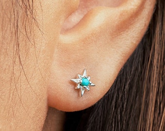 Boho Starburst Stud Earrings - Genuine Turquoise - Dainty Second Hole Earrings- STD049TRQ