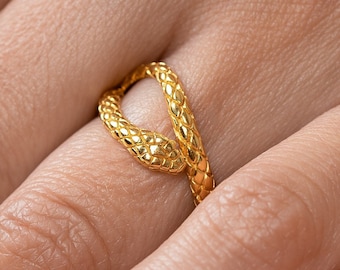 Gold Snake Ring - Mens Silver Ring - Open Band Animal Jewelry  Ring - Dainty Snake Ring Resizable  -RNG041